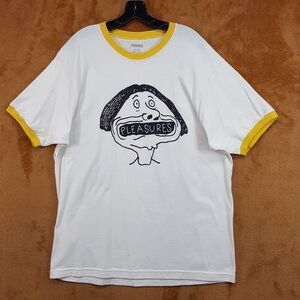PLEASURES Shirt Mens XXL White Yellow Ringer Tee Mouthful Graphic Cotton T-Shirt